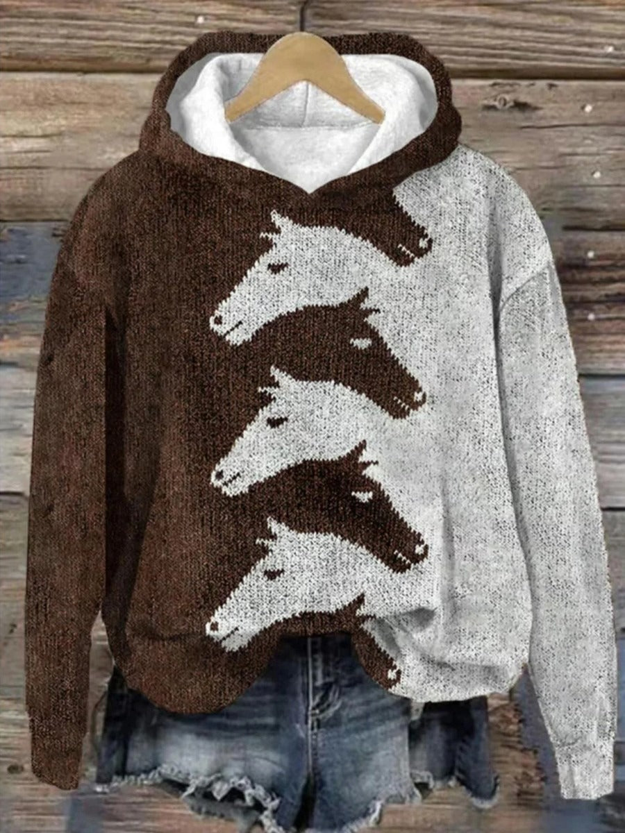 Women’s Hoodie – Relaxed Fit – Soft Knit – Horse Graphic Print – Casual Pullover