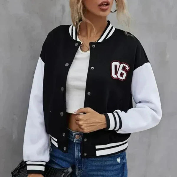 Women’s Bomber Jacket – Casual Fit – Button Front – Ribbed Trim – Varsity Style