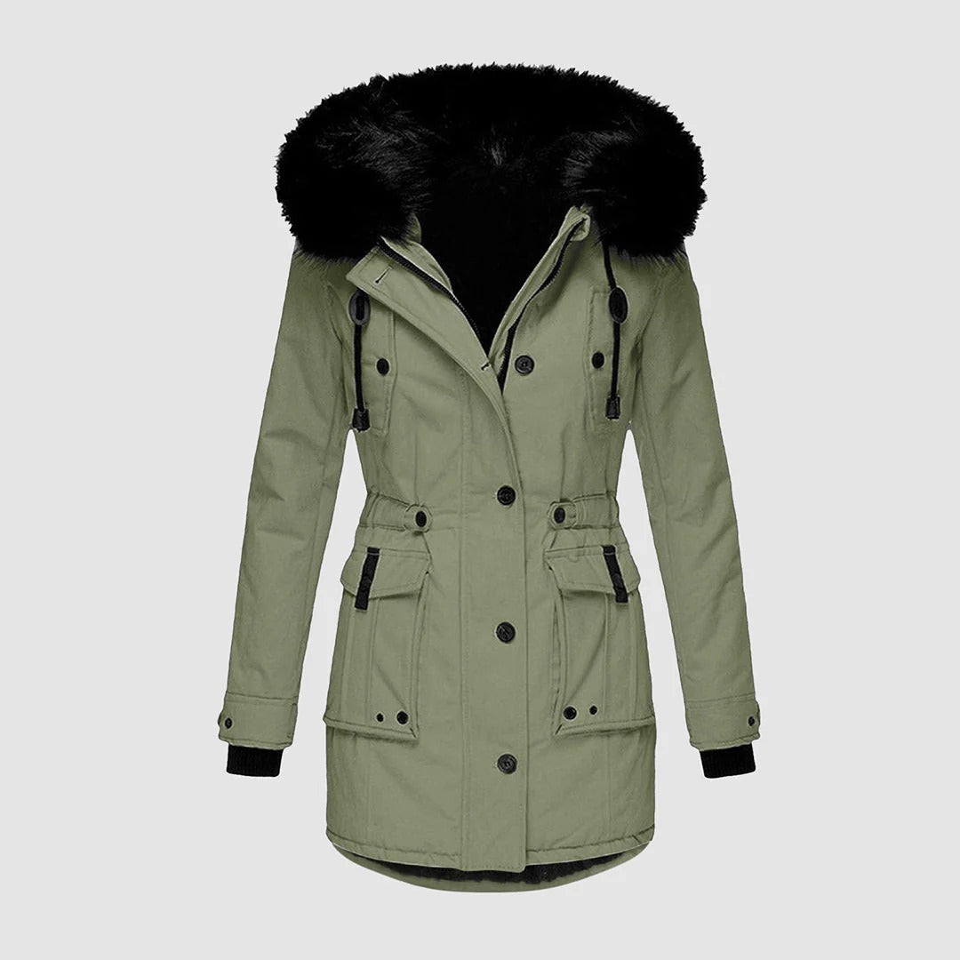 Women’s Long Coat – Tailored Fit – Faux Fur Hood – Waist Belt – Button Front