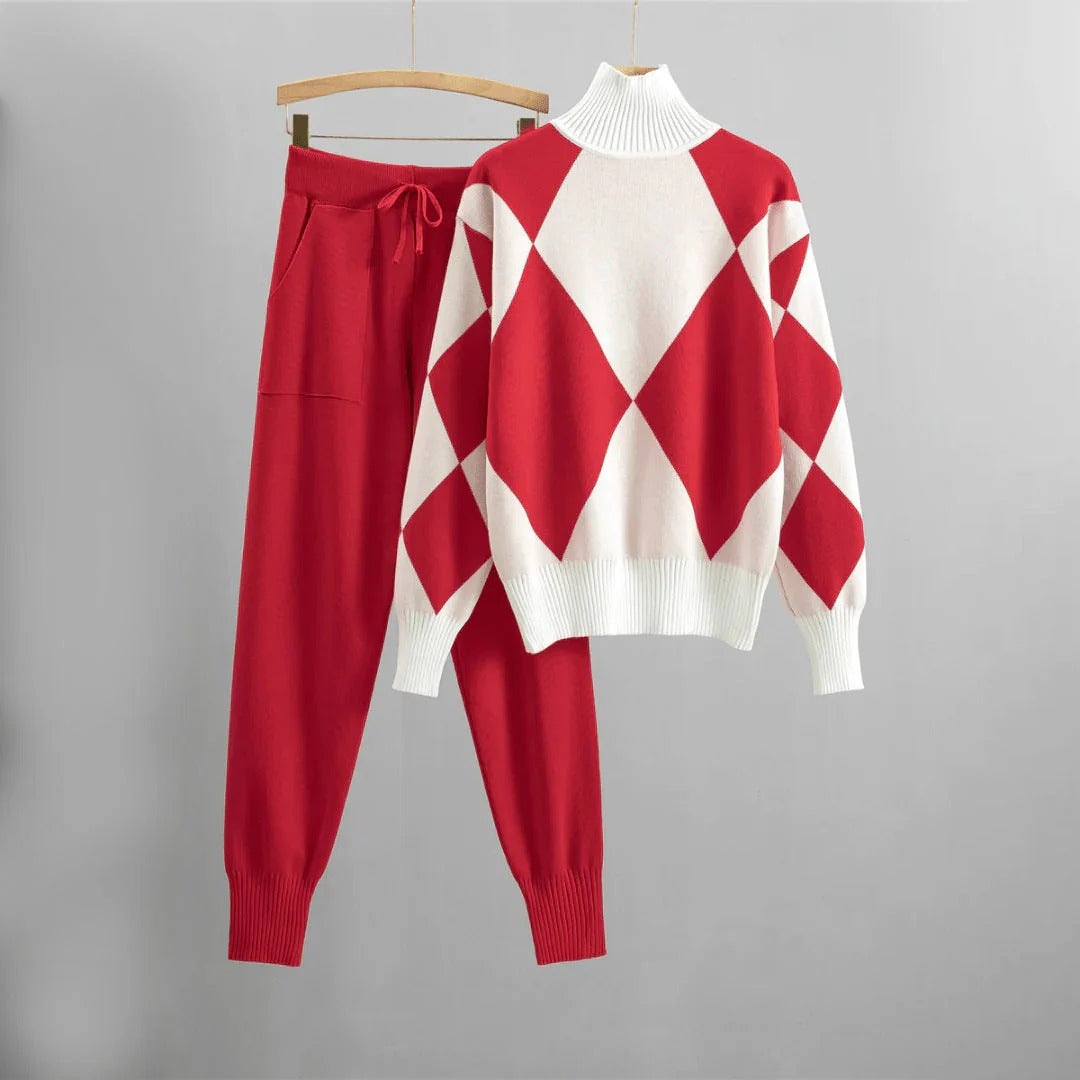 Women’s Two-Piece Set Knit Loungewear – Relaxed Fit – Argyle Sweater – Ribbed Trim – Pockets