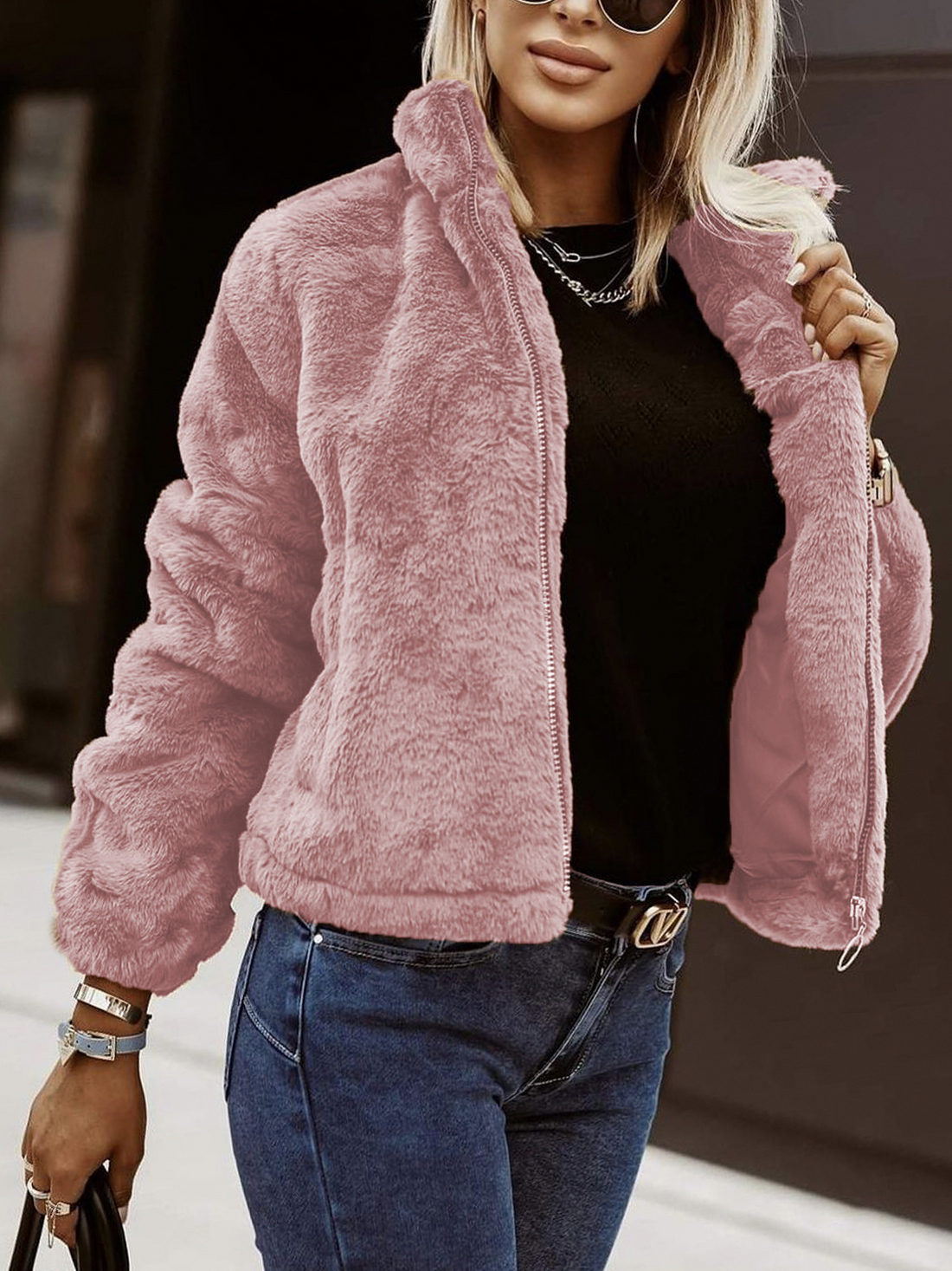 Women’s Cardigan – Faux Leather – Plush Texture – Zipper Front – High Collar – Relaxed Fit