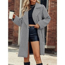 Women’s Long Coat – Tailored Fit – Wool Blend – Houndstooth Pattern – Notched Lapel