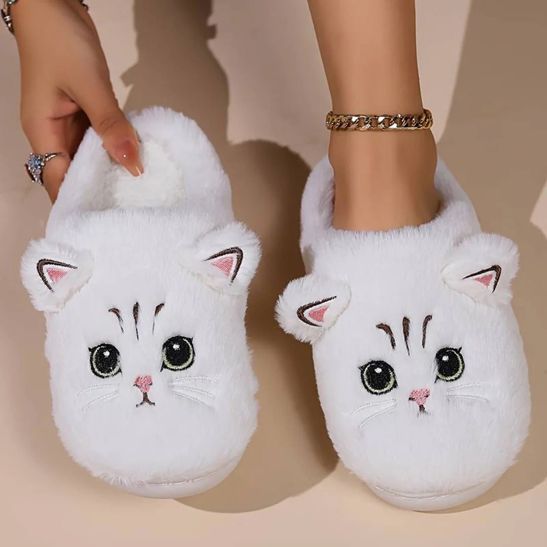 Women’s Slippers – Plush Fleece – Ankle Fit – Cat Embroidery – Indoor Slip-On