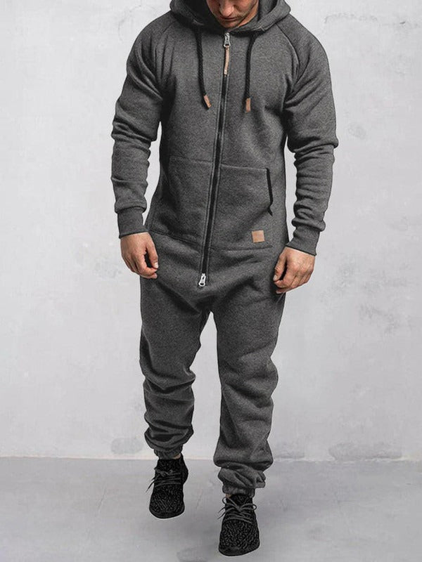 Men’s Jumpsuit – Fleece Lounge Wear – Relaxed Fit – Zipper Front – Hooded with Pockets