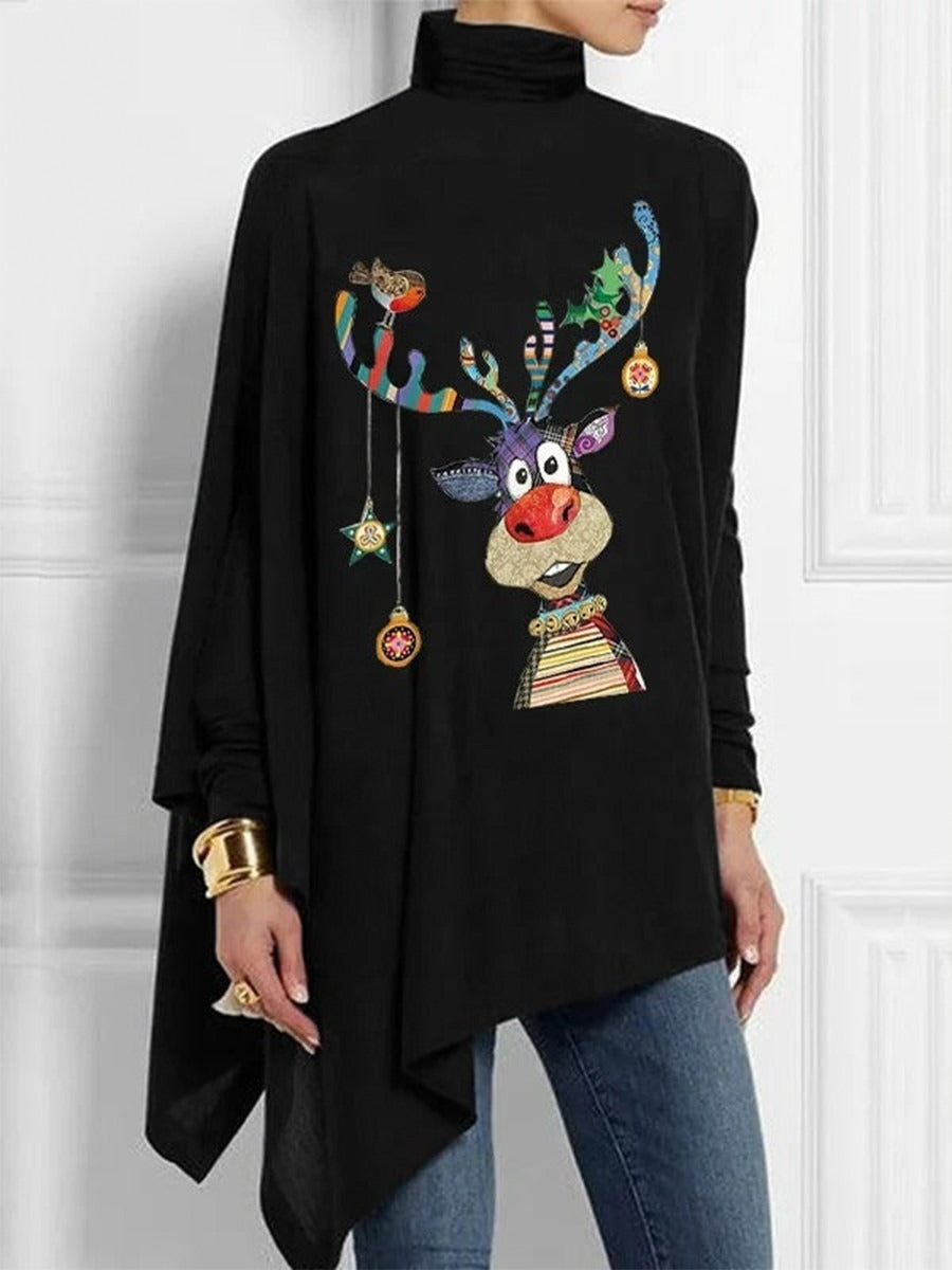 Women’s Turtleneck Top – Loose Fit – Cotton Blend – Reindeer Print – Longline Hem
