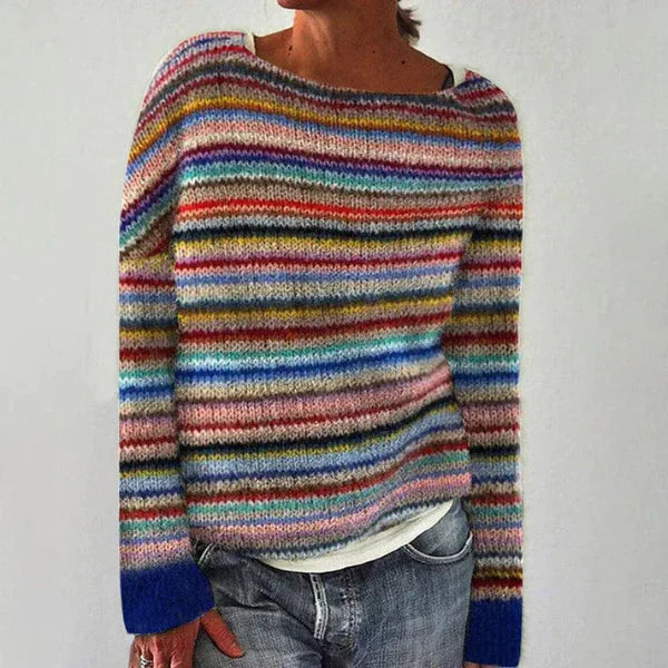 Women’s Sweater – Wool Blend Knit – Relaxed Fit – Boatneck – Striped Long Sleeve