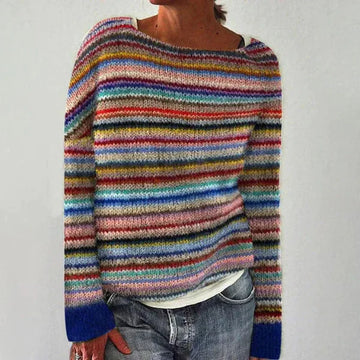 Women’s Sweater – Wool Blend Knit – Relaxed Fit – Boatneck – Striped Long Sleeve