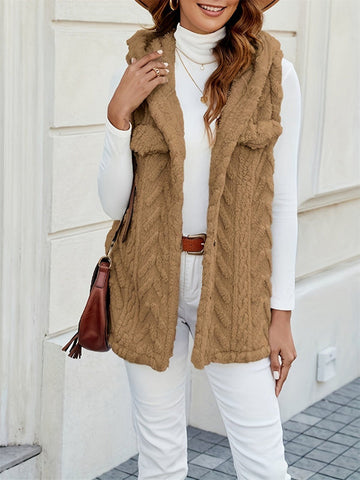 Women’s Hooded Vest – Fuzzy Knit – Relaxed Fit – Button Front – Chest Pockets