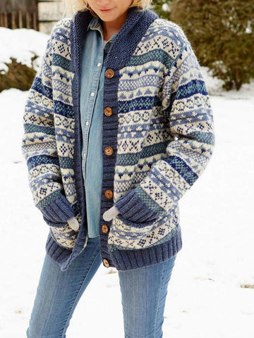 Women’s Cardigan – Wool Knit – Relaxed Fit – Shawl Collar – Fair Isle – Button Front