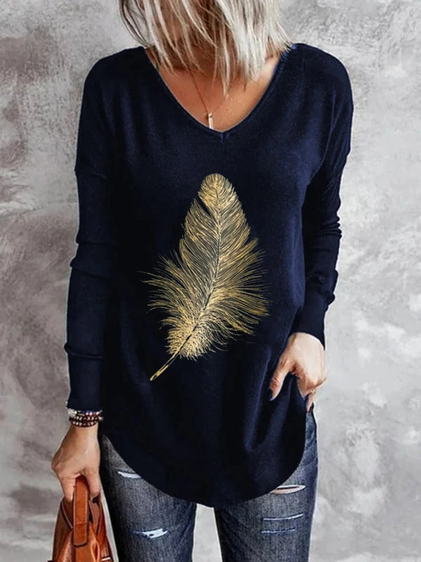 Women’s Pullover – Relaxed Fit – Soft Knit – V-Neck – Feather Design – Long Sleeve