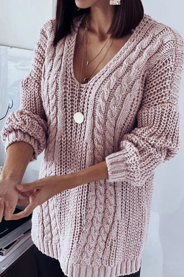 Women’s Sweater – Oversized Fit – Cable Knit – V-Neck – Soft Wool Blend – Long Length
