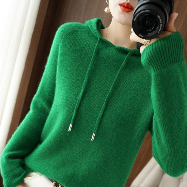 Women’s Hooded Pullover – Wool Blend – Relaxed Fit – Ribbed Cuffs – Long Sleeve Casual