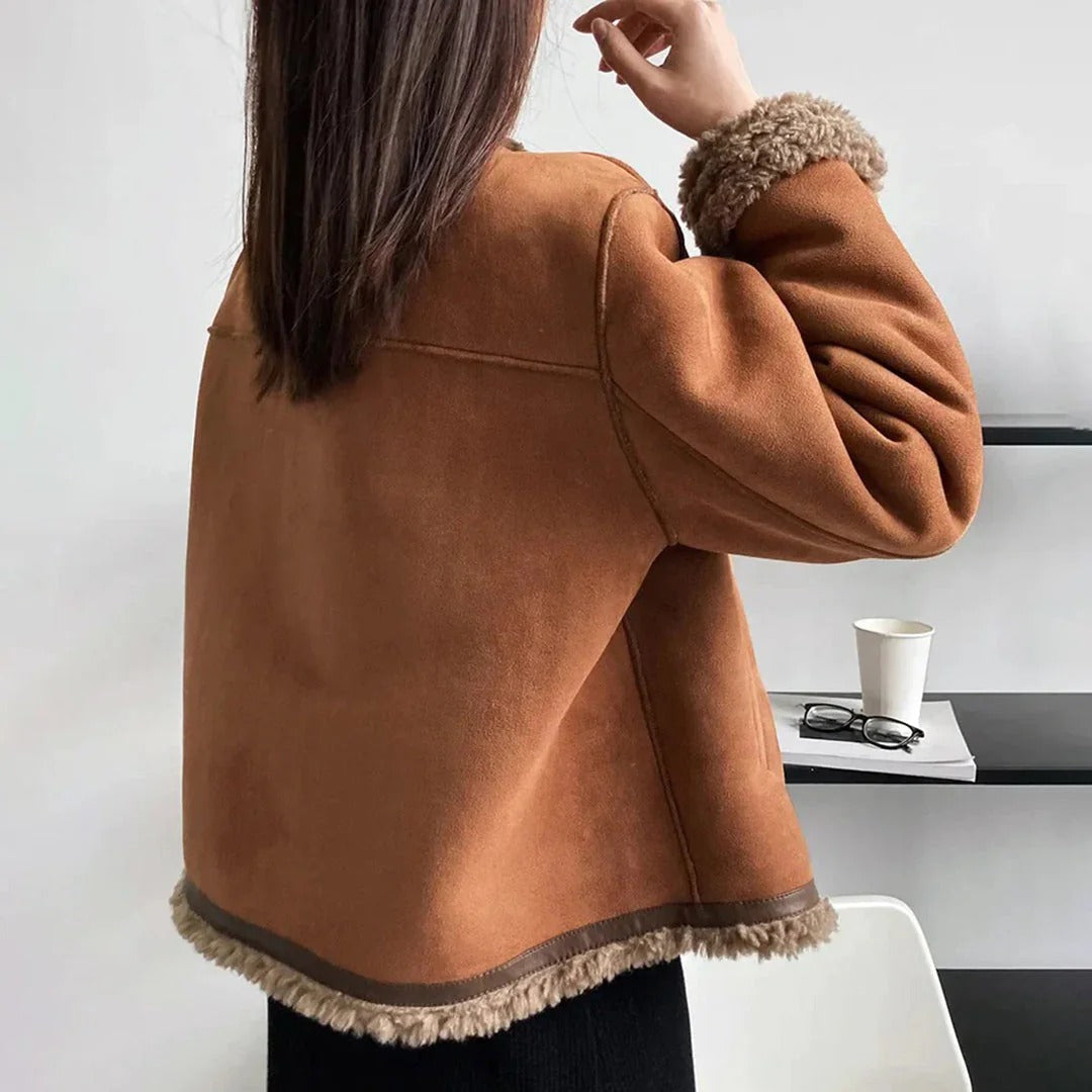 Women’s Coat – Faux Suede – Shearling Trim – Relaxed Fit – Button Front – Waist Length