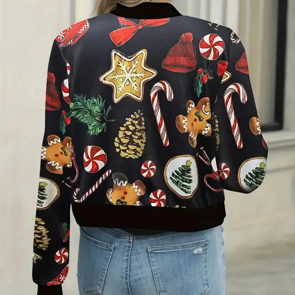Women’s Cropped Jacket – Slim Fit – Lightweight – Festive Print – Zip Closure – Ribbed Trim