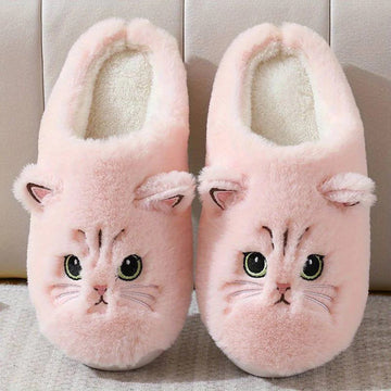 Women’s Slippers – Plush Fleece – Ankle Fit – Cat Embroidery – Indoor Slip-On