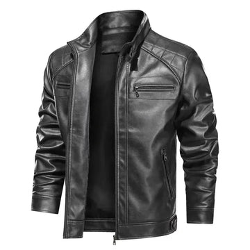 Men’s Biker Jacket – Slim Fit – Leather Look – Quilted Shoulders – Zipper Pockets