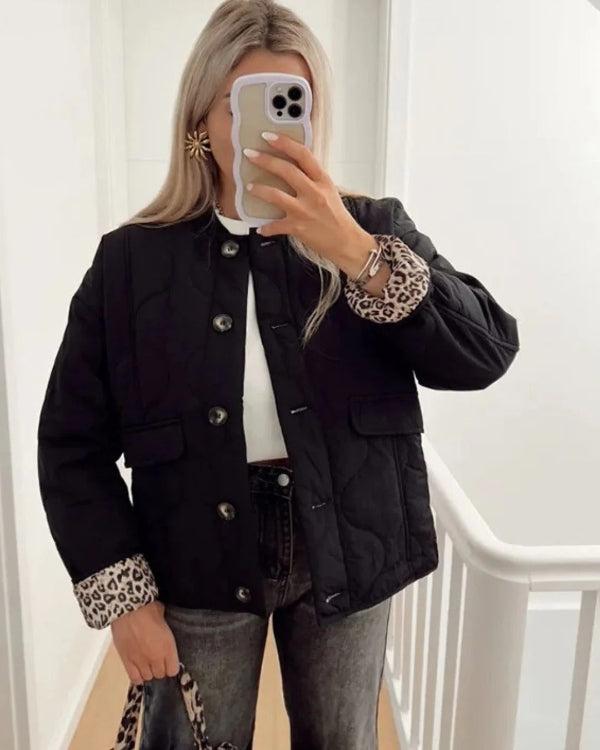 Women’s Quilted Jacket – Relaxed Fit – Leopard Cuff Detail – Button Front Casual Layer