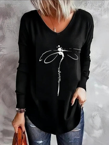 Women’s Pullover – Relaxed Fit – Soft Knit – V-Neck – Feather Design – Long Sleeve