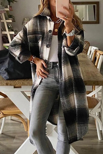Women’s Shirt Jacket – Oversized Fit – Wool Feel – Plaid – Mid-Thigh Length – Button Front