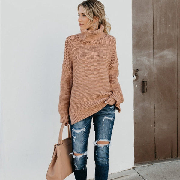 Women’s Knitted Sweater – Relaxed Fit – Chunky Wool Blend – Turtleneck – Ribbed Trim