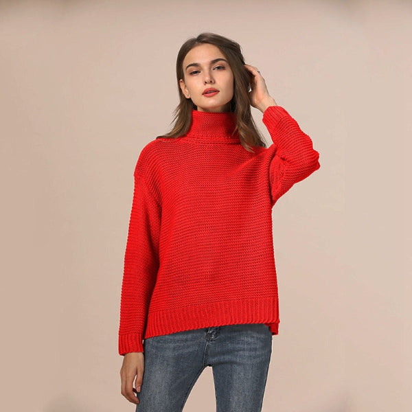 Women’s Knitted Sweater – Relaxed Fit – Chunky Wool Blend – Turtleneck – Ribbed Trim