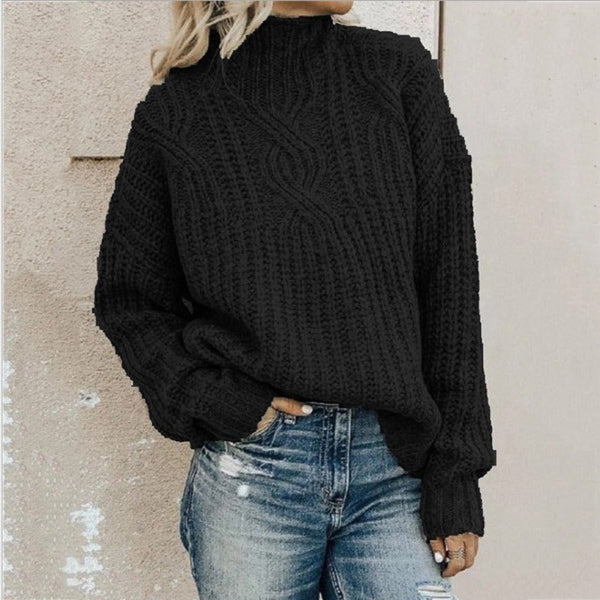 Women’s Pullover Sweater – Wool Cable Knit – High Neck – Relaxed Fit Cozy Knitwear