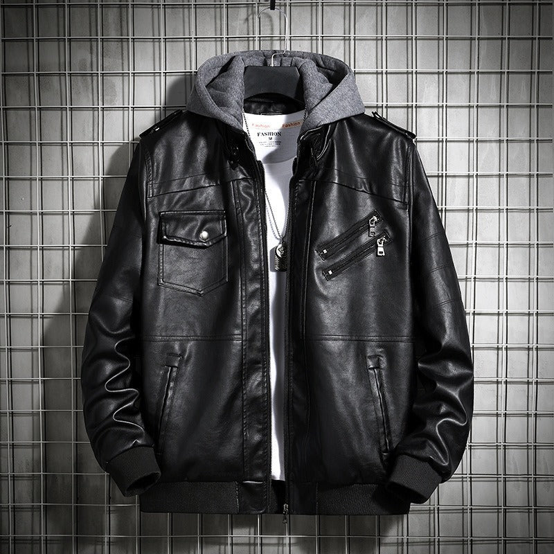 Men’s Bomber Jacket – Faux Leather Body – Knit Hood – Zipper Front – Snap Pockets