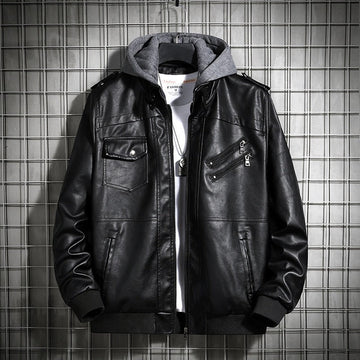 Men’s Bomber Jacket – Faux Leather Body – Knit Hood – Zipper Front – Snap Pockets