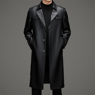 Men’s Trench Coat – Leather – Slim Fit – Single-Breasted – Long Length – Epaulettes