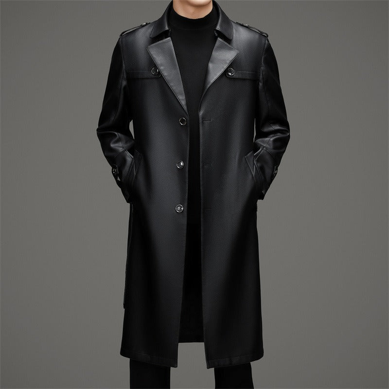Men’s Trench Coat – Leather – Slim Fit – Single-Breasted – Long Length – Epaulettes