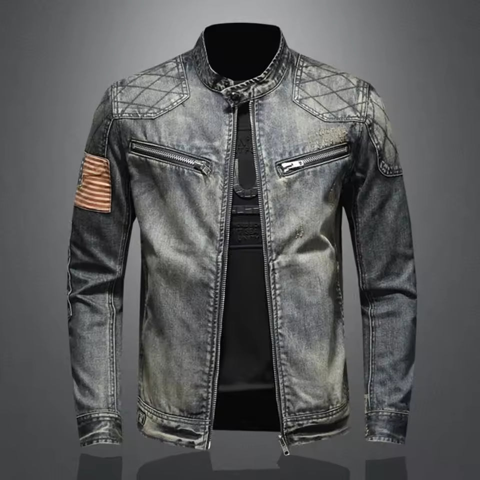 Men’s Denim Jacket – Slim Fit – Zip Stand Collar – Quilted Shoulder – Ribbed Sleeve
