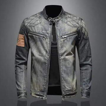 Men’s Denim Jacket – Slim Fit – Zip Stand Collar – Quilted Shoulder – Ribbed Sleeve