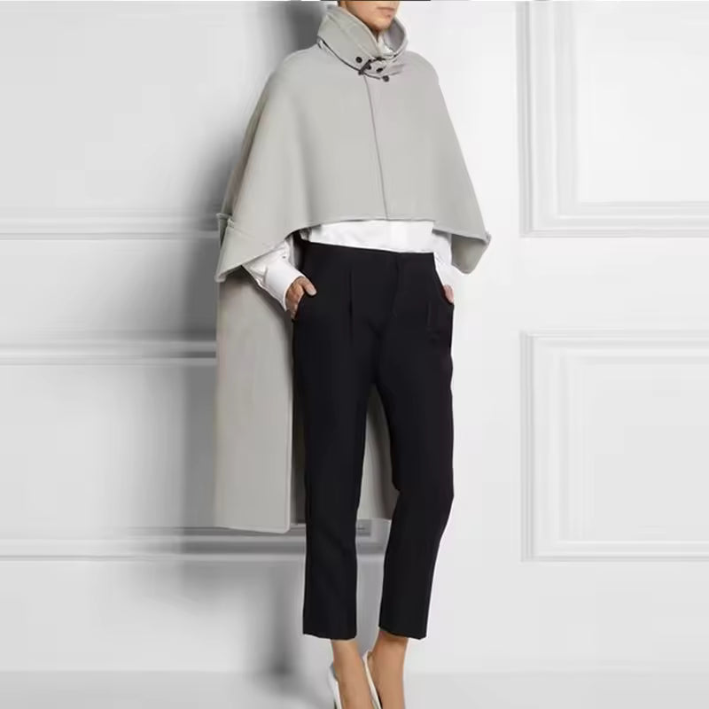 Women’s Cape Coat – Wool Blend – Loose Fit – High Stand Collar – High-Low Hemline