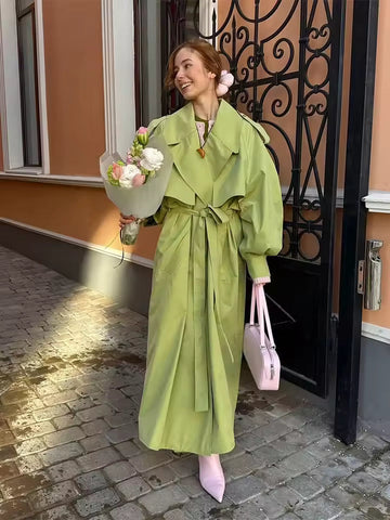 Women’s Long Windbreaker – Relaxed Fit – Belted V-Neck – Full Length Draped Overcoat