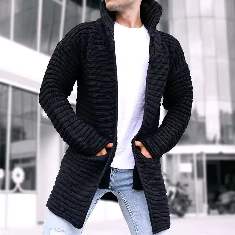 Men’s Knitted Cardigan – Wool Blend – Oversized Fit – Ribbed – Turtleneck – Open Front