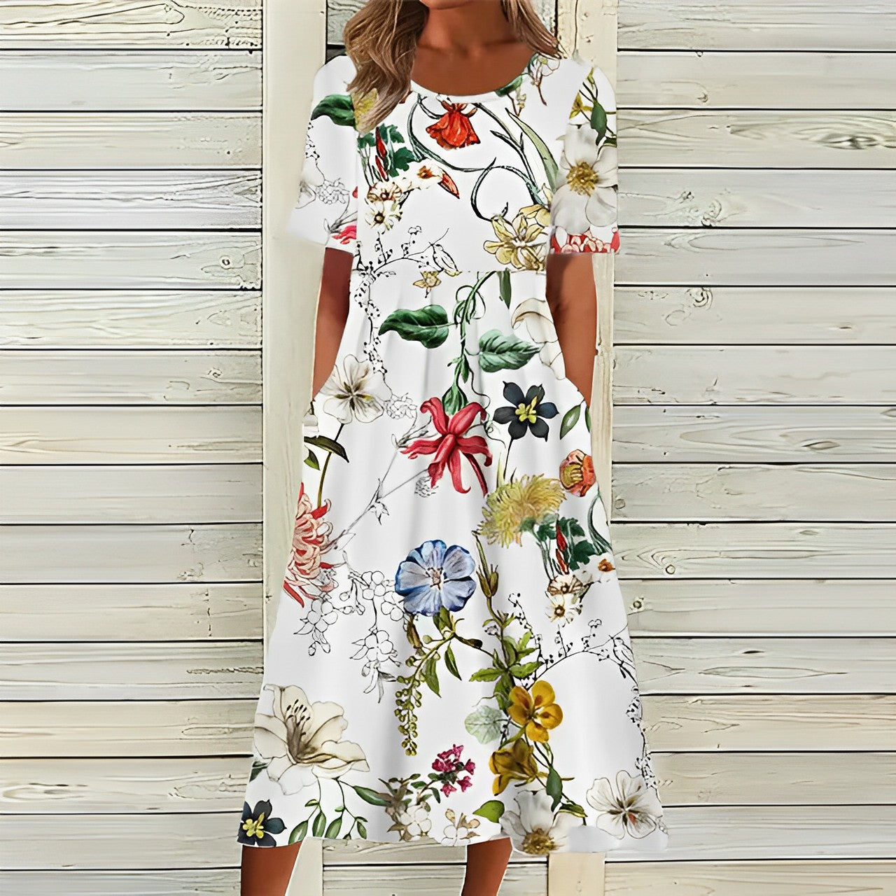 Women’s Midi Dress – Floral Print – A-Line Relaxed Fit – Short Sleeve – Pockets