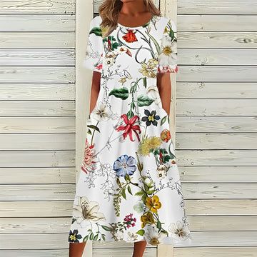 Women’s Midi Dress – Floral Print – A-Line Relaxed Fit – Short Sleeve – Pockets