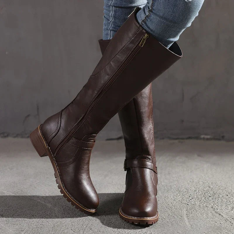 Women’s Knee-High Boots – Sleek Snug Fit – Buckle Detail – Leather-Look Finish