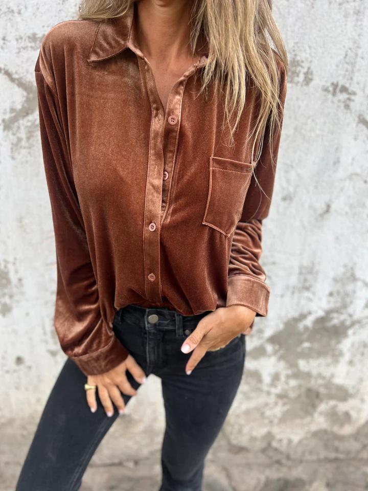 Elegant button down velvet blouse for women