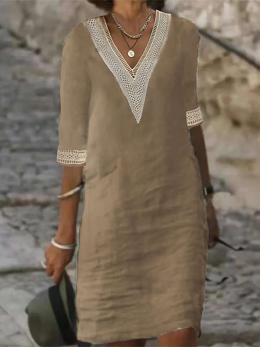 Women's V-Neck Dress - Lace Trim - Half Sleeve - Loose Fit Lightweight Casual Wear