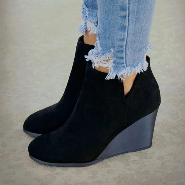 Women's Wedge Ankle Boots - Suede Look - Rounded Toe - Comfortable & Stylish