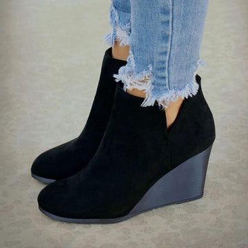 Women's Wedge Ankle Boots - Suede Look - Rounded Toe - Comfortable & Stylish