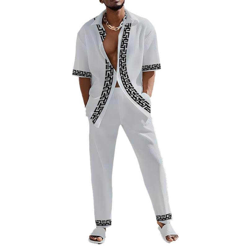 Men’s Two-Piece Outfit - Short Sleeve Shirt & Straight-Leg Pants - Greek Key Trim