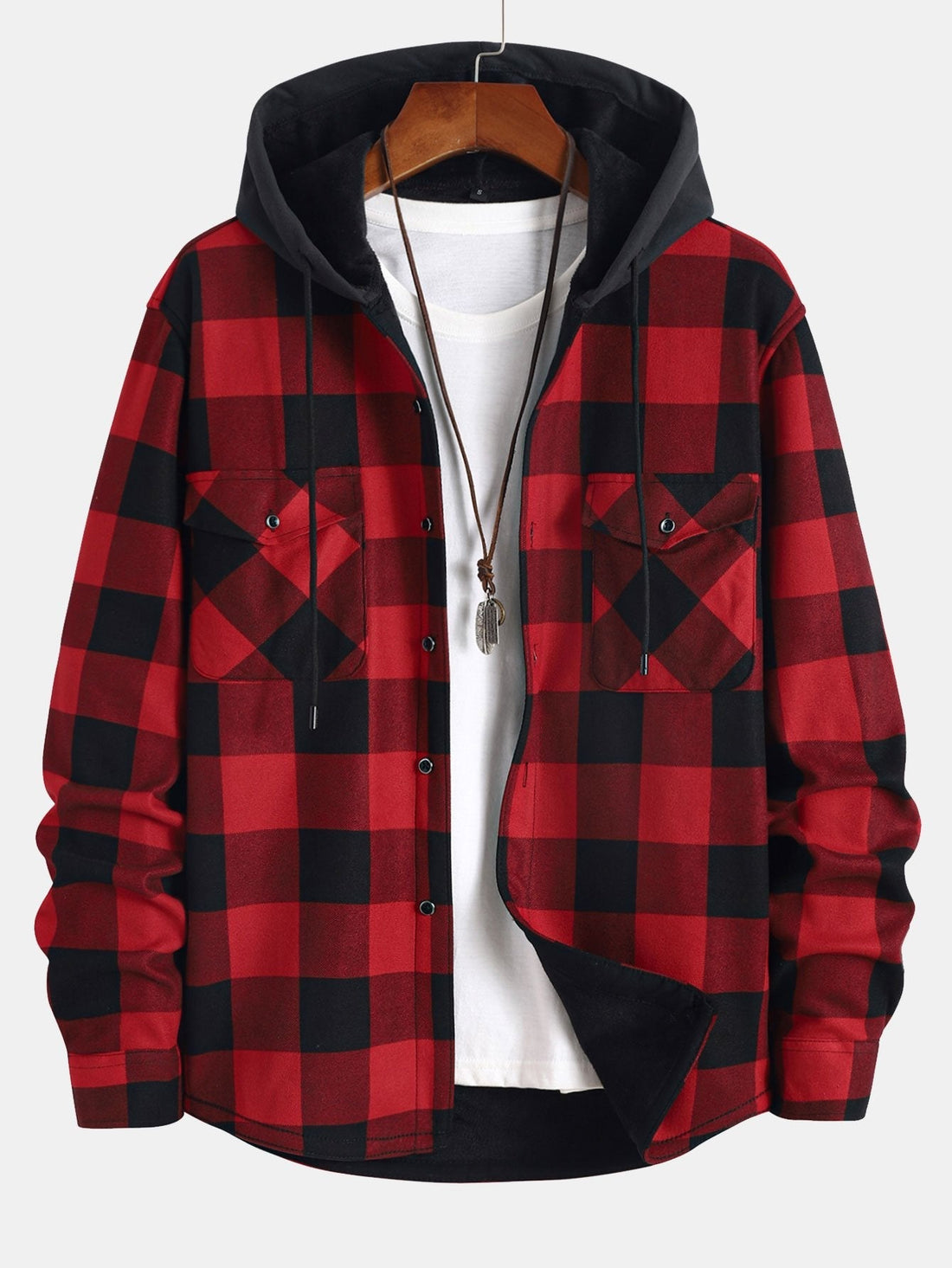 Flannel fleece lined hooded shirt for men