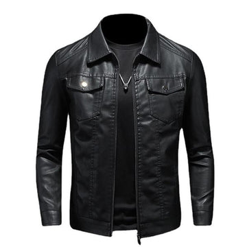 Full zip leather biker jacket for men