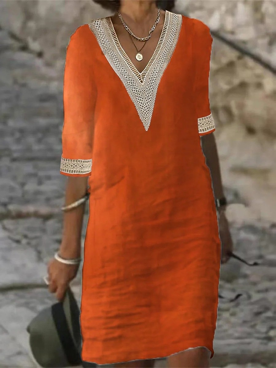 Women's V-Neck Dress - Lace Trim - Half Sleeve - Loose Fit Lightweight Casual Wear