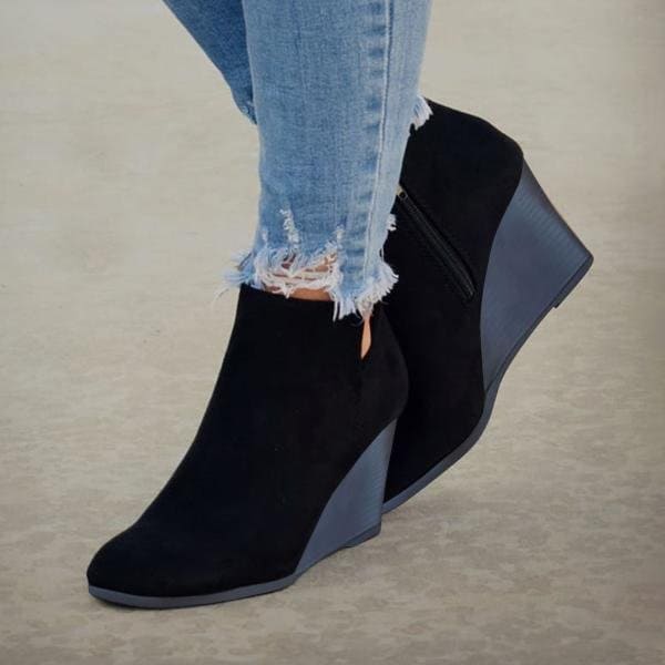 Women's Wedge Ankle Boots - Suede Look - Rounded Toe - Comfortable & Stylish