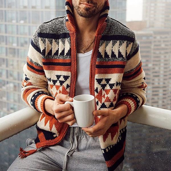 Men’s Cardigan – Wool Knit – Relaxed Fit – Full Zip – Tribal Pattern – Ribbed Trim
