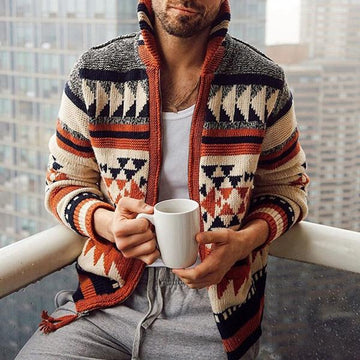Men’s Cardigan – Wool Knit – Relaxed Fit – Full Zip – Tribal Pattern – Ribbed Trim