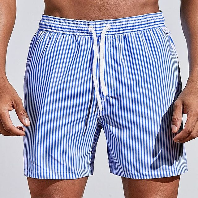 Men’s Swim Shorts – Breathable Quick-Dry Blend – Regular Fit – Mid-Thigh Length – Striped